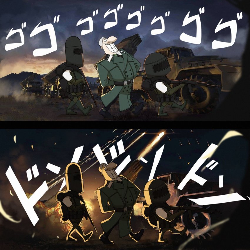 2koma 3boys altyn_helmet assault_rifle beard bm-21 buttons coat combat_helmet comic double-breasted dr._livesey_walk_(meme) facial_hair game_screenshot_background general_carter_(girls&#039;_frontline) girls&#039;_frontline grin gun helmet highres kcco_(girls&#039;_frontline) meme menacing_(jojo) military military_uniform multiple_boys multiple_rocket_launcher rifle rocket_artillery rocket_launcher screenshot_background short_hair smile soldier spoilers treasure_island_(1988) variasii very_short_hair weapon white_hair