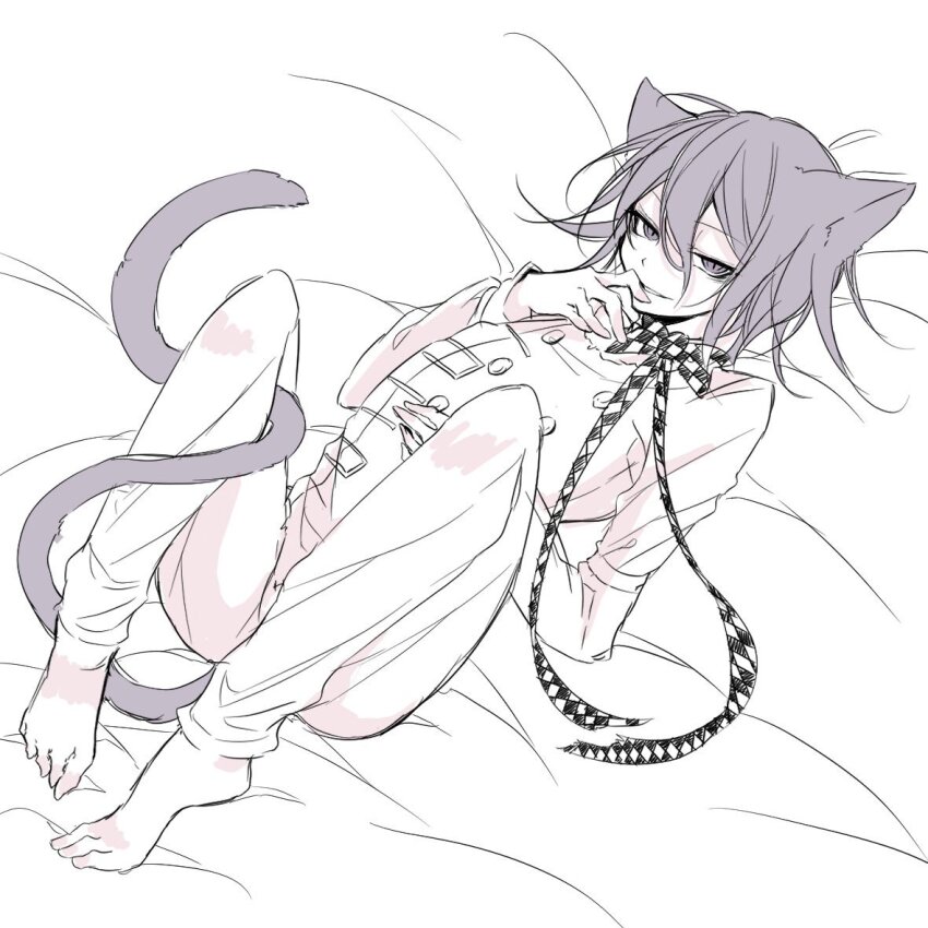 1boy animal_ears arched_back barefoot bed_sheet buttons cat_boy cat_ears cat_tail checkered_clothes checkered_ribbon commentary_request danganronpa_(series) danganronpa_v3:_killing_harmony flipped_hair full_body hair_between_eyes half-closed_eyes knees_up long_sleeves looking_at_viewer lying male_focus medium_hair monochrome neck_ribbon no_scarf oma_kokichi on_back pants ribbon rindoukhk6 seductive_smile short_hair slit_pupils smile smirk solo tail tail_wrap white_background