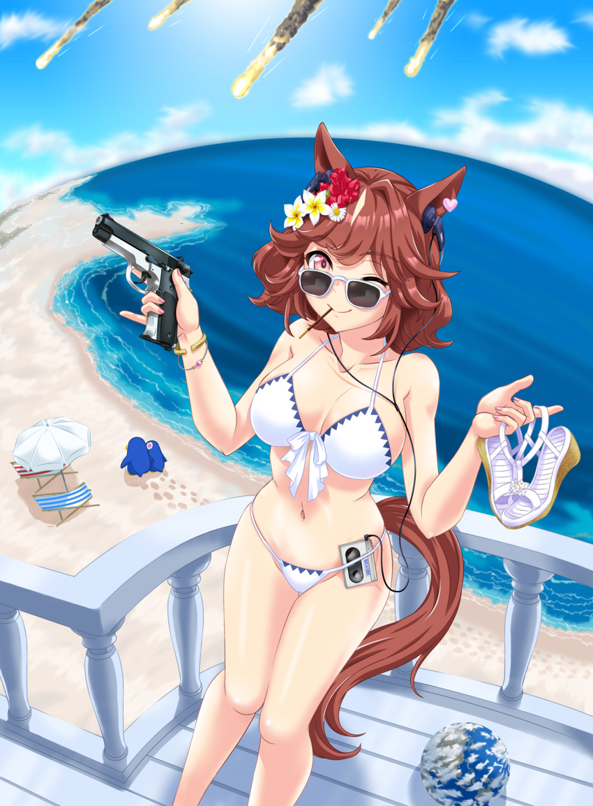 1girl animal_ears annotation_request armageddon_(movie) bangle beach bikini bracelet breasts brown_hair cassette_player cassette_tape cleavage collarbone commentary_request deck_chair ear_flower earth_(ornament) feet_out_of_frame food food_in_mouth footprints from_above gun hair_intakes hairstyle_connection haiseiko_(umamusume) headphones highres holding holding_gun holding_sandals holding_weapon horse_ears horse_girl horse_tail jewelry looking_at_viewer matsuda_seiko medium_hair meteor meteor_shower name_connection navel ocean one_eye_closed outdoors parasol pink_eyes pinky_out pocky pocky_in_mouth sandals smith_&amp;_wesson_5906 solo_focus string_bikini sunglasses swimsuit tail terrace_(architecture) trigger_discipline umajiri_gyuunyuu umamusume umbrella unworn_sandals weapon wooden_floor