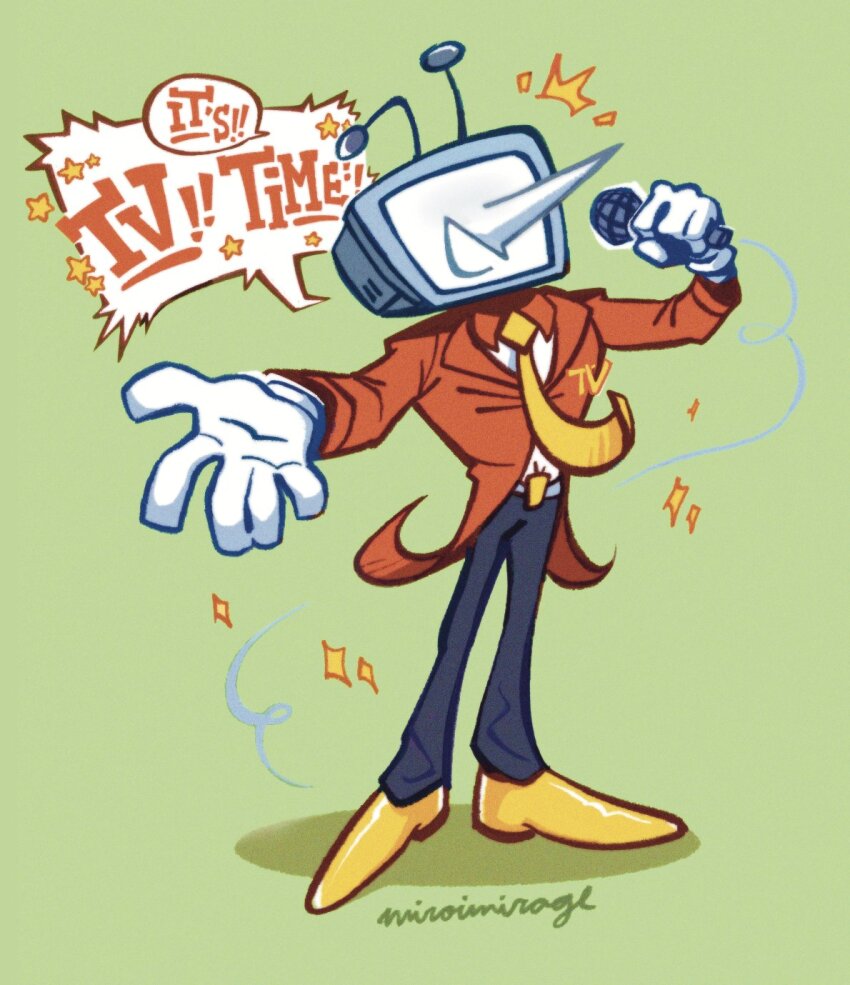 1boy ant_tenna black_pants commentary crt deltarune english_commentary english_text full_body gloves green_background highres holding holding_microphone male_focus microphone miroimirage necktie object_head outstretched_arm pants pointy_nose shirt shirt_tucked_in shoes signature smile solo sparkle speech_bubble tailcoat white_gloves white_shirt yellow_necktie yellow_shoes
