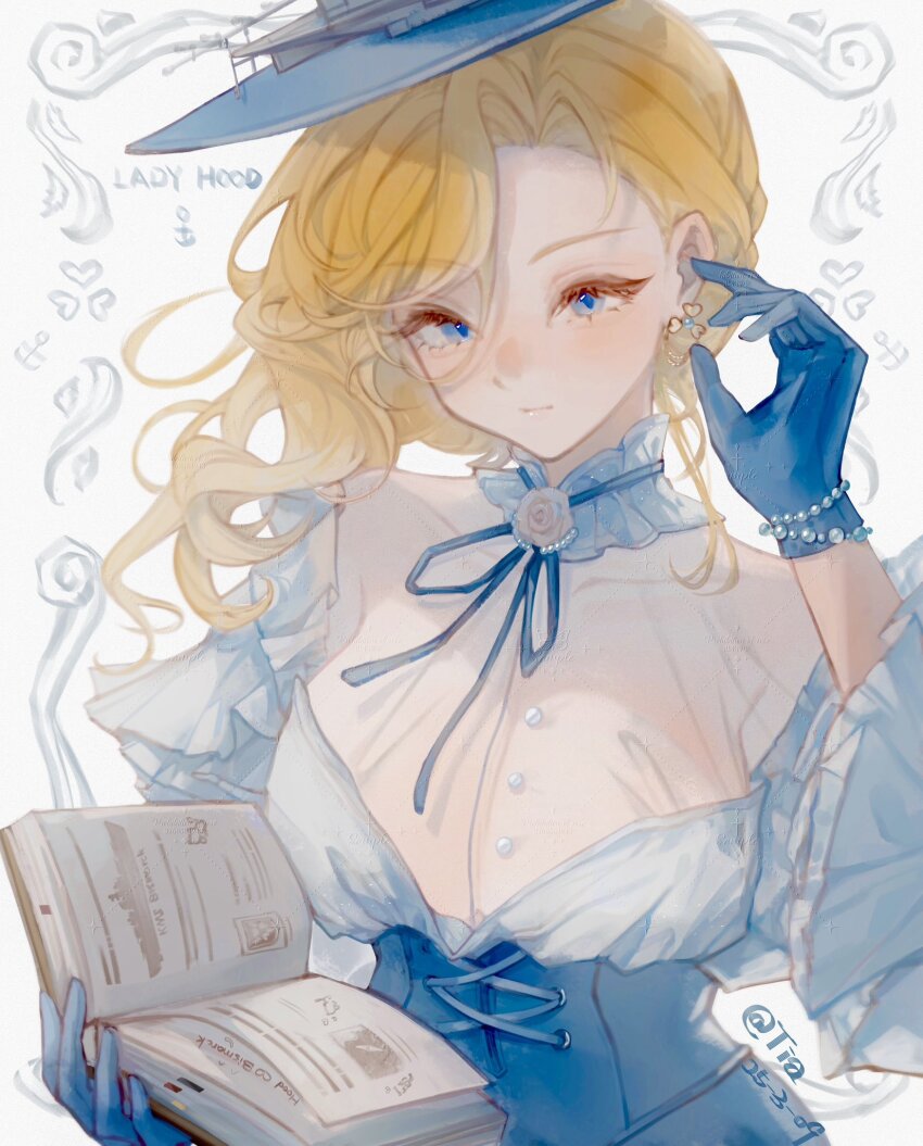 1girl artist_name asymmetrical_bangs azur_lane blonde_hair blue_eyes blue_gloves blue_hat book breasts earrings gloves hat highres holding holding_book hood_(azur_lane) jewelry large_breasts reading simple_background solo tiatan upper_body white_background