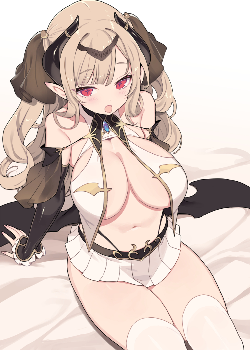 +_+ 1girl bare_shoulders black_horns black_wings blade_(galaxist) blonde_hair breasts commentary_request demon_girl demon_horns demon_wings highres horns large_breasts long_hair looking_at_viewer low_wings microskirt navel open_mouth original paid_reward_available pleated_skirt pointy_ears red_eyes sitting skirt solo thighhighs two_side_up white_skirt white_thighhighs wings