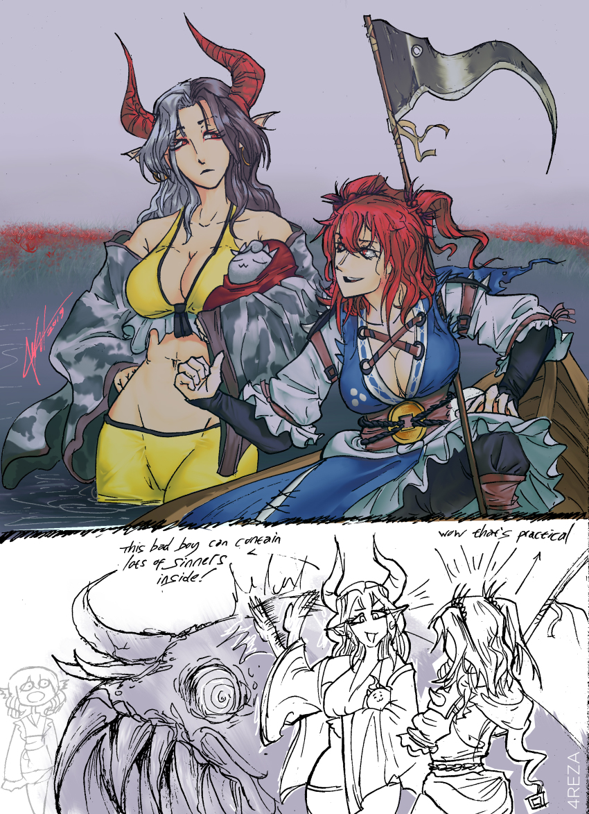 2koma 3girls 4reza absurdres bare_shoulders bikini bikini_top_only black_hair black_pants blue_dress boat breasts bridal_gauntlets cleavage collarbone comic commentary dress ear_piercing earrings english_commentary english_text eyeliner fish haori highres horns japanese_clothes jewelry large_breasts looking_at_another makeup medium_hair meme midriff multicolored_hair multiple_girls navel on_boat oni_horns onozuka_komachi open_mouth pants pants_under_dress partially_submerged patting piercing pointy_ears red_eyes red_hair red_horns sash scythe short_hair shorts silver_hair smile swimsuit touhou twintails two-tone_hair ushizaki_urumi wakasagihime water watercraft white_sleeves yellow_bikini yellow_shorts
