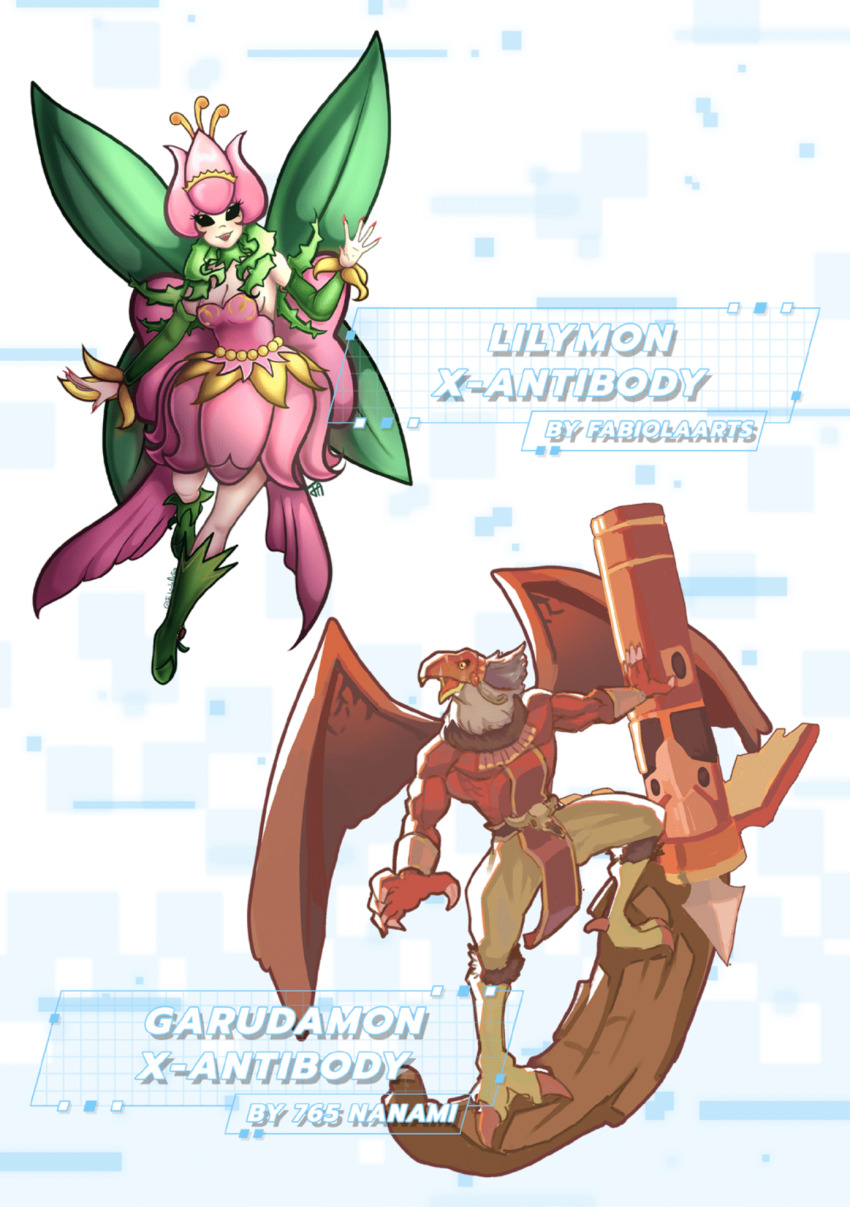 digimon digimon_(creature) fairy flower garudamon garudamon_x-antibody highres lilimon lilimon_x-antibody monster_girl nail_polish petals plant_girl
