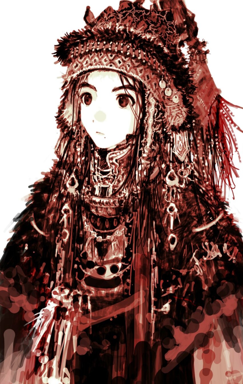 1other androgynous cloak commentary expressionless fur_cloak hat highres long_hair mole mole_under_mouth my_nameisyoon original other_focus sepia solo tagme upper_body