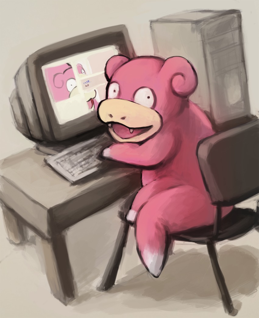 chair computer computer_tower crt fangs foxeaf gen_1_pokemon highres keyboard looking_at_viewer monitor nintendo no_humans pokemon pokemon_(creature) simple_background sitting slowpoke solo table
