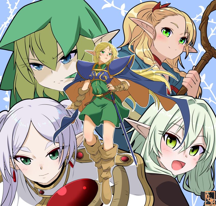 5girls absurdres armor artist_request blonde_hair blue_background blush boots breasts cape character_request crossover deedlit dungeon_meshi elf frieren full_body goblin_slayer! green_eyes green_hair hand_on_own_hip high_elf_archer_(goblin_slayer!) highres hood long_hair marcille_donato medium_breasts multiple_girls open_mouth pointy_ears record_of_lodoss_war ryu_lion serious skirt smile source_request sousou_no_frieren sword tagme twintails two_side_up weapon white_hair
