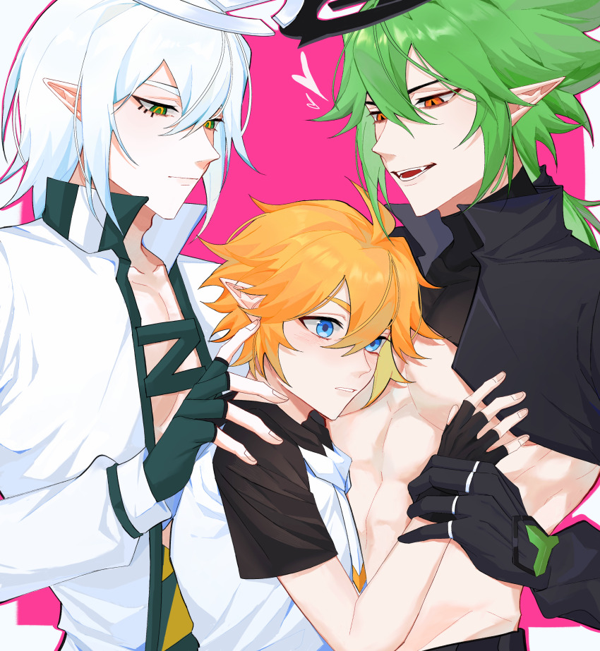 3boys abs absurdres ahoge aotu_world bishounen black_gloves black_jacket black_pants black_shirt blonde_hair blue_eyes blush boy_sandwich chinese_commentary crop_top cropped_jacket dunzia fangs fingerless_gloves gloves green_eyes green_gloves green_hair hair_between_eyes halo hand_on_another&#039;s_shoulder heart height_difference high_collar highres holding_another&#039;s_wrist hood hoodie jacket jewelry king_(aotu_world) long_hair long_sleeves looking_at_another looking_at_viewer low_ponytail male_focus medium_hair midriff multicolored_eyes multicolored_hoodie multiple_boys multiple_rings open_clothes open_mouth open_shirt pants parted_lips pectoral_cleavage pectorals pink_background pointy_ears ponytail red_eyes ring sandwiched shirt short_hair short_sleeves simple_background smile underpec upper_body white_hair white_hoodie white_shirt xander_(aotu_world) yaoi yellow_eyes zain_(aotu_world)
