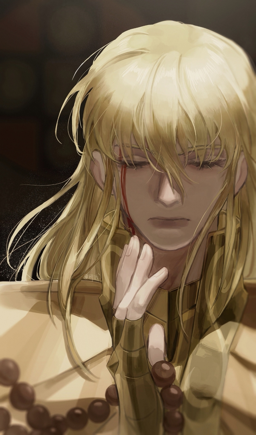 1boy armor ayaa_dj bead_necklace beads blonde_hair close-up closed_eyes closed_mouth expressionless facing_viewer gold_armor gold_saint hair_between_eyes hand_up highres holding holding_jewelry holding_necklace jewelry long_hair male_focus necklace portrait prayer_beads saint_seiya solo virgo_shaka