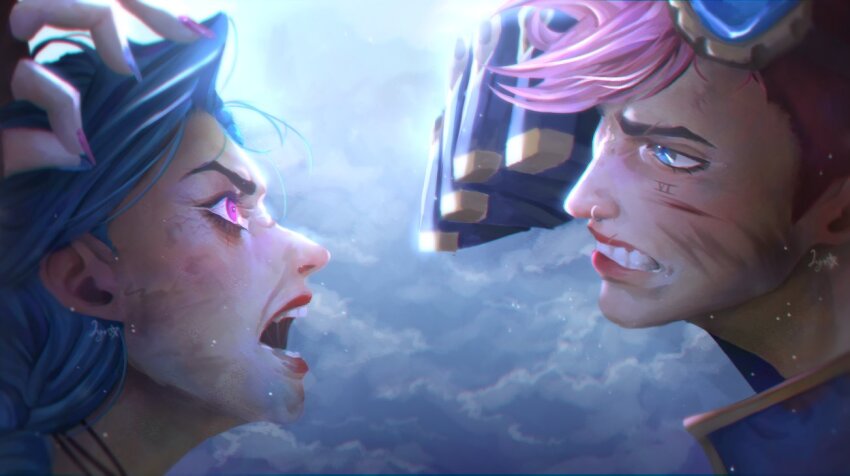 2girls arcane:_league_of_legends arcane_jinx arcane_vi artist_name asymmetrical_bangs asymmetrical_hair blue_eyes blue_hair blue_nails braid chaoticlyn cloud cloudy_sky face_piercing facial_tattoo fighting fingerless_gloves gauntlets gloves jinx_(league_of_legends) league_of_legends long_hair looking_at_another multiple_girls nose_piercing piercing pink_eyes pink_hair pink_nails power_gloves roaring short_hair sign sky tattoo vi_(league_of_legends)