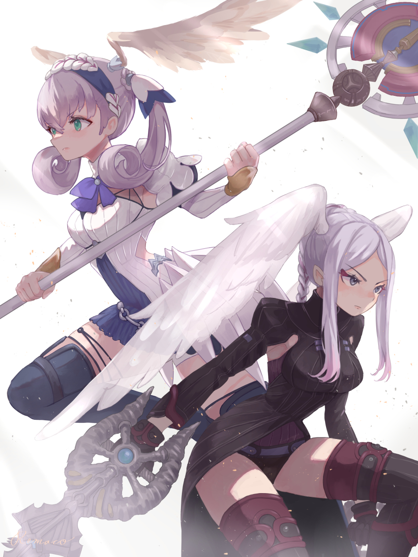 2girls absurdres blue_eyes braid breasts cape crown_braid curly_hair dress gloves head_wings highres juliet_sleeves long_hair long_sleeves medium_breasts melia_antiqua multiple_girls puffy_sleeves remaco short_dress siblings simple_background sisters smile staff thighhighs tyrea_(xenoblade) upper_body wings xenoblade_chronicles:_future_connected xenoblade_chronicles_(series) xenoblade_chronicles_1