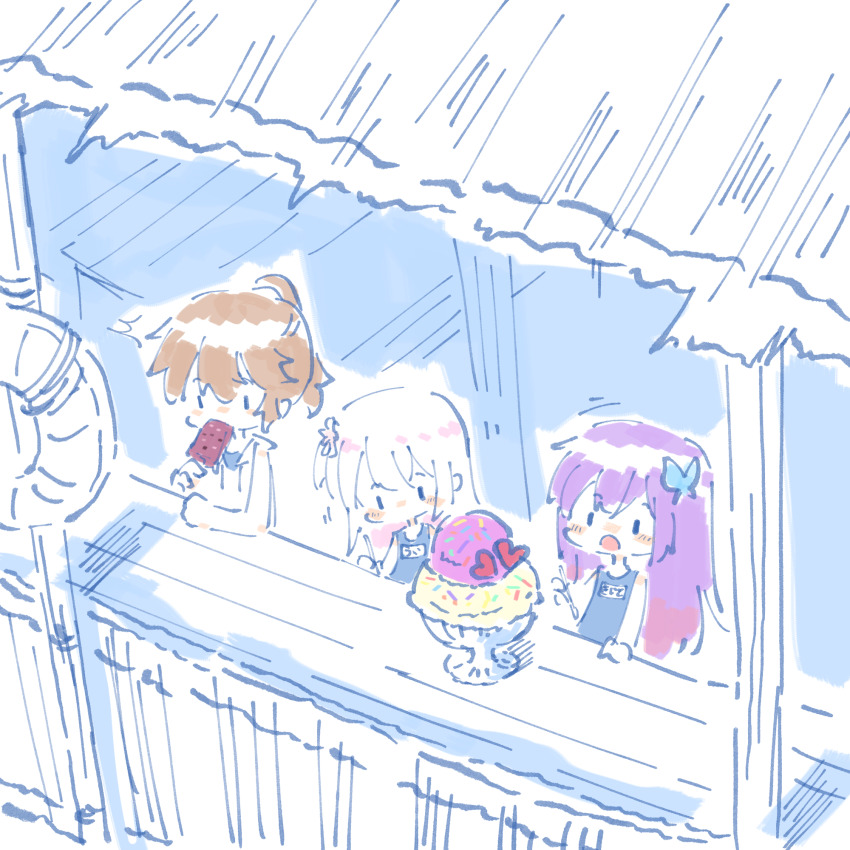 3girls :o aged_down arm_on_table assault_lily blue_one-piece_swimsuit blush brown_hair butterfly_hair_ornament commentary_request double_scoop flower food from_above from_outside funada_kiito funada_ui hair_between_eyes hair_flower hair_ornament heart high_ponytail highres holding holding_food holding_popsicle holding_spoon ice_cream looking_ahead looking_at_food multiple_girls nagasawa_yuki_(assault_lily) name_tag one-piece_swimsuit open_mouth partially_colored ponytail popsicle purple_hair school_swimsuit shade short_hair siblings sisters sitting solid_oval_eyes spoon swimsuit teisuu white_flower white_hair