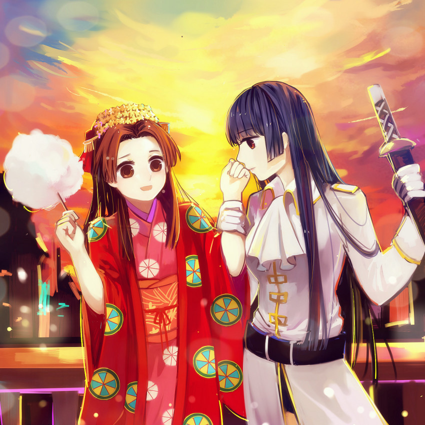 2girls ascot belt black_hair blue_hair blunt_bangs brown_eyes cloud cotton_candy female_focus gintama gloves hair_ornament haori highres hime_cut imai_nobume japanese_clothes kiss kissing_hand long_hair meng_qi multiple_girls obi open_mouth orange_sky sash sky smile tokugawa_soyo white_gloves wide_sleeves yuri
