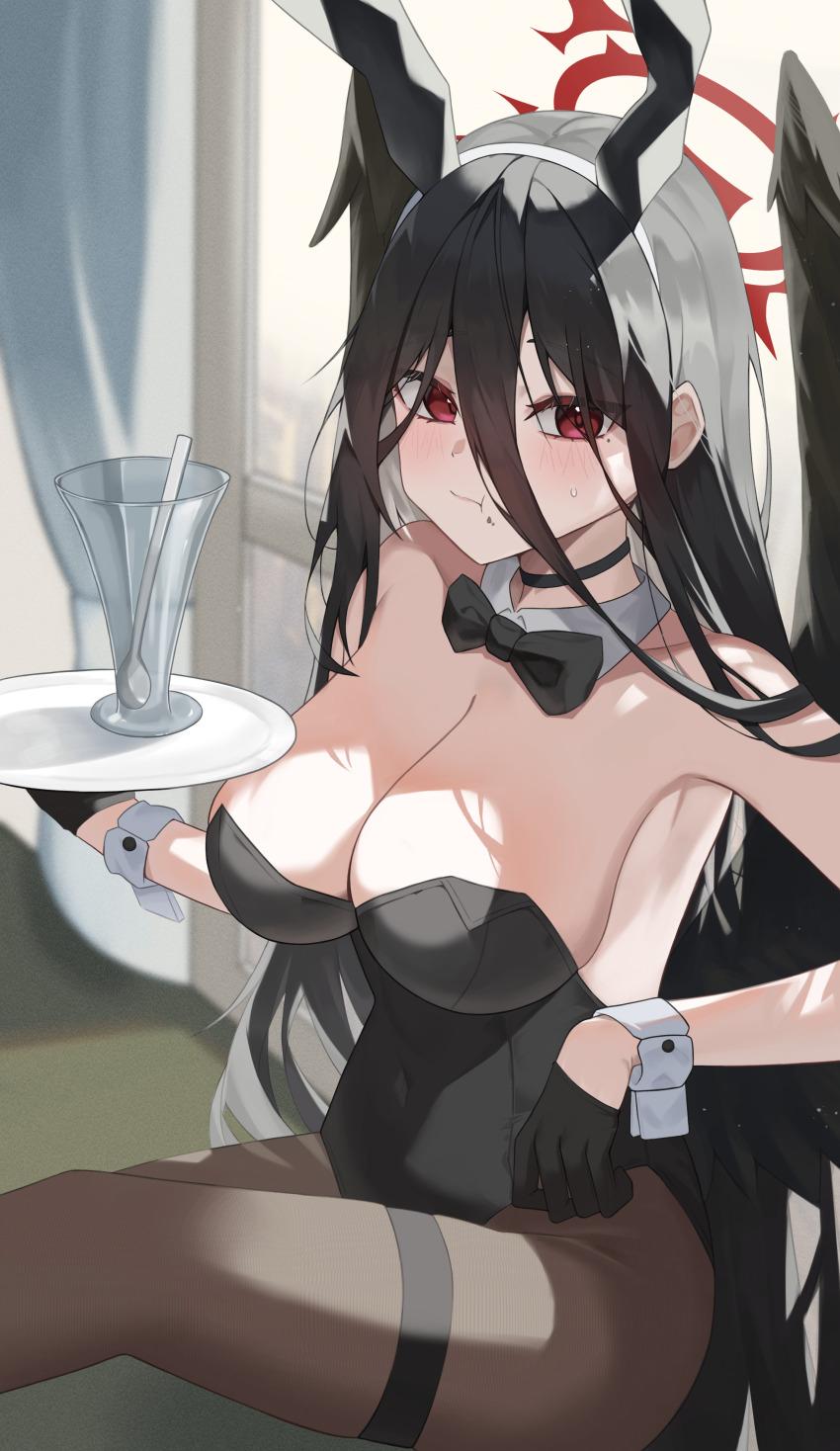 1girl absurdres alternate_costume animal_ear_hairband animal_ears bare_arms bare_shoulders black_bow black_bowtie black_choker black_gloves black_leotard black_pantyhose black_wings blue_archive blush bow bowtie choker covered_navel detached_collar fake_animal_ears feathered_wings food_in_mouth gloves hair_between_eyes hairband hasumi_(blue_archive) highres holding holding_tray leotard long_bangs long_hair looking_at_viewer lumoon pantyhose playboy_bunny rabbit_ear_hairband rabbit_ears red_eyes sidelocks solo strapless strapless_leotard sweatdrop tray wings wrist_cuffs