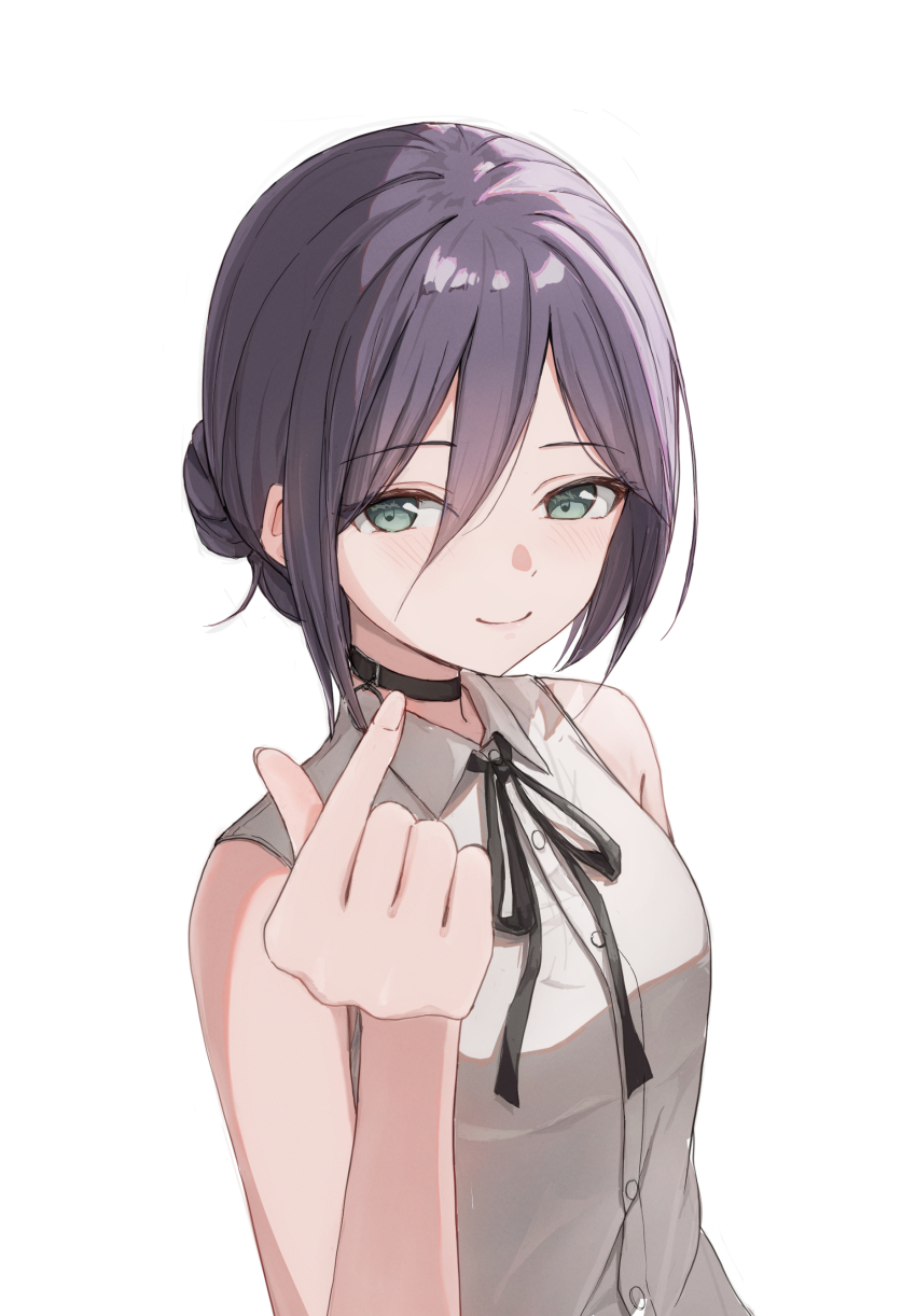1girl absurdres black_choker black_ribbon chainsaw_man choker closed_mouth green_eyes grey_shirt hair_between_eyes hair_bun highres light_smile looking_at_viewer neck_ribbon purple_hair reze_(chainsaw_man) ribbon shiron_23 shirt sleeveless sleeveless_shirt solo