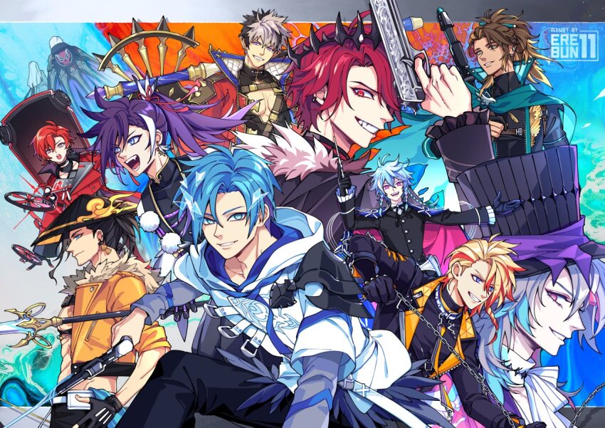 6+boys ajirogasa artist_name axe axel_syrios axel_syrios_(1st_costume) banzoin_hakka banzoin_hakka_(1st_costume) black_gloves black_hair black_jacket blonde_hair blue_hair blue_hood braid brown_hair chain conductor_baton crimzon_ruze crown drone eleven_(erebun) everyone fang fighting_stance finger_on_trigger fingerless_gloves fur-trimmed_jacket fur_collar fur_trim gavis_bettel gavis_bettel_(1st_costume) gloves goldbullet grin gun handgun hat holding holding_gun holding_polearm holding_weapon holostars holostars_english hood hoodie jacket jingasa josuiji_shinri jurard_t_rexford layered_sleeves long_sleeves machina_x_flayon machina_x_flayon_(1st_costume) magni_dezmond male_focus multicolored_hair multiple_boys noir_vesper octavio orange_jacket polearm ponytail purple_hair red_hair regis_altare rifle shield short_over_long_sleeves short_sleeves side_braid signature single_braid single_hair_streak smile sniper_rifle spear streaked_hair teeth top_hat tri_braids virtual_youtuber weapon white_hair white_hood white_hoodie