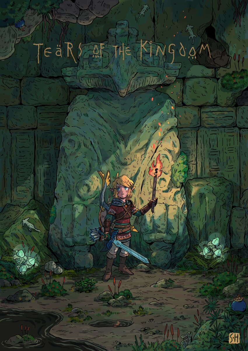 blonde_hair cave cave_interior highres holding holding_sword holding_torch holding_weapon link master_sword moss nintendo pointy_ears rock sculpture shuangshuanghao soil sword the_legend_of_zelda the_legend_of_zelda:_tears_of_the_kingdom torch weapon zonai