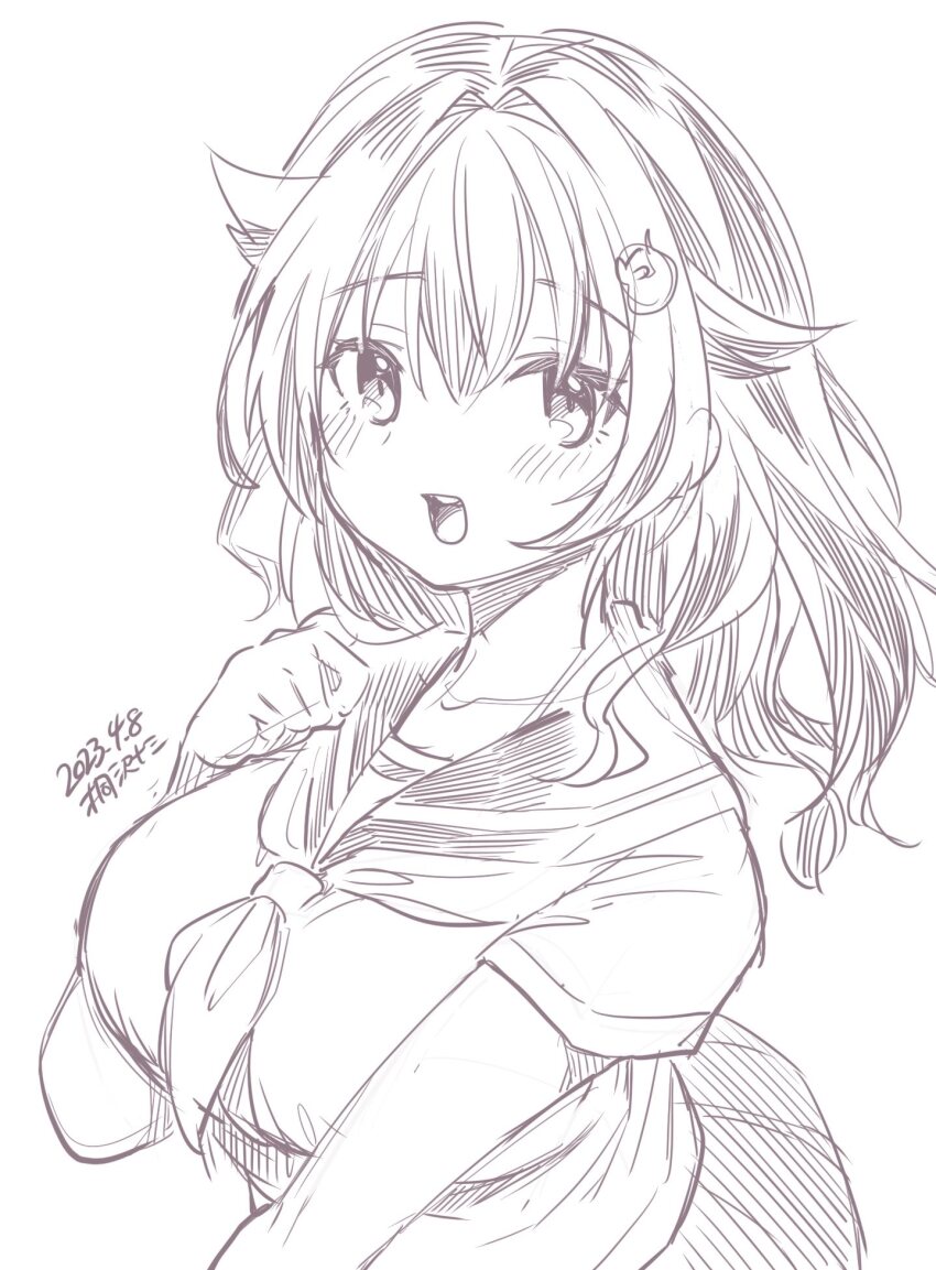 1girl artist_name breasts commentary_request dated greyscale hair_flaps highres jingei_(kancolle) kantai_collection kirisawa_juuzou large_breasts looking_at_viewer monochrome neckerchief open_mouth pleated_skirt round_teeth sailor_collar sailor_shirt school_uniform serafuku shirt skirt smile solo teeth upper_teeth_only wavy_hair