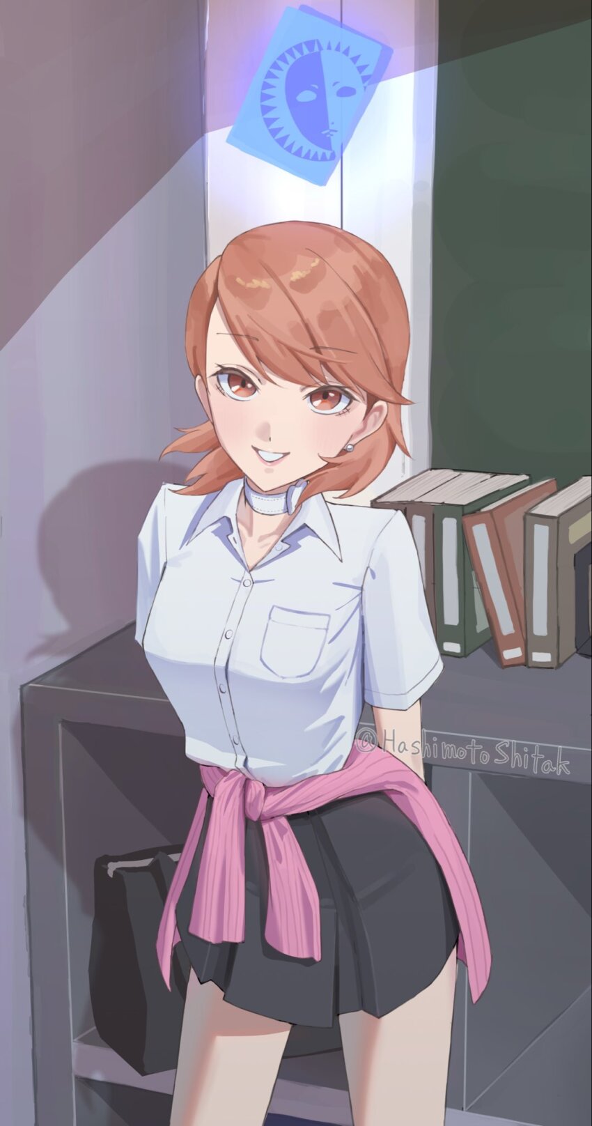 1girl arms_behind_back bag birthday black_skirt blush book breasts brown_eyes brown_hair buttons card cardigan cardigan_around_waist choker classroom clothes_around_waist collarbone collared_shirt commentary_request cowboy_shot earrings flipped_hair gameplay_mechanics gekkoukan_high_school_uniform heart heart_choker highres indoors jewelry looking_at_viewer miniskirt papapa_yoisyo parted_lips pearl_earrings persona persona_3 pink_cardigan pleated_skirt ribbed_cardigan school_bag school_uniform shirt short_hair short_sleeves skirt smile solo standing stud_earrings summer_uniform swept_bangs takeba_yukari twitter_username white_choker white_shirt
