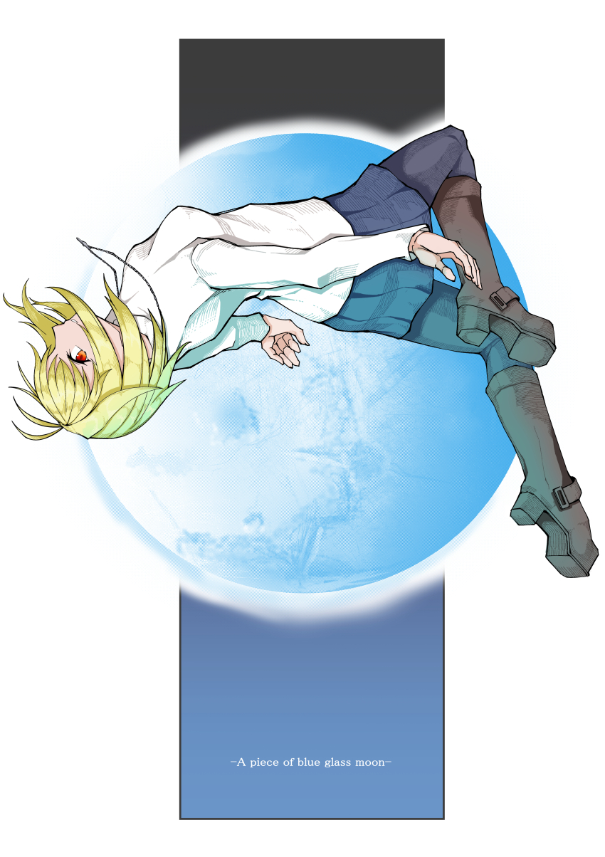 1girl absurdres ahoge arcueid_brunestud belt_boots black_pantyhose blonde_hair blue_moon boots brown_boots floating floating_hair full_moon highres looking_at_viewer moon pantyhose red_eyes short_hair smile sweater tsukihime tsukihime_(remake) turtleneck turtleneck_sweater user_scyp3543