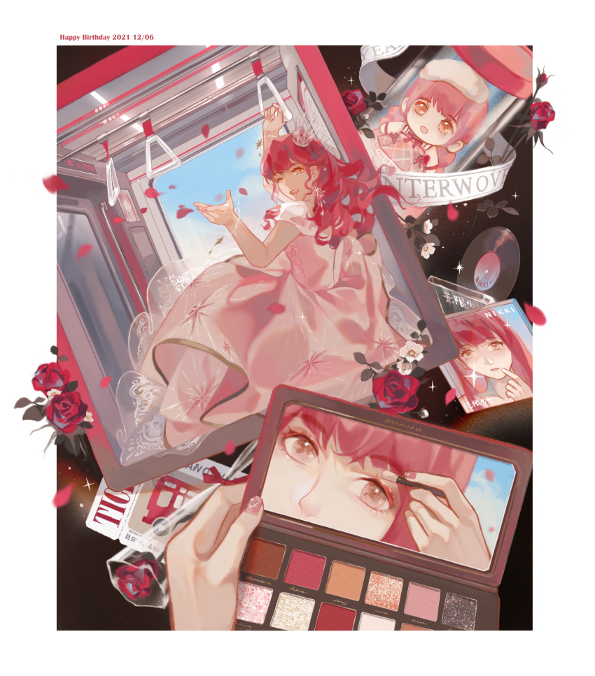 1girl absurdres applying_makeup banner bare_arms bloom_poetry_(shining_nikki) blue_sky blunt_bangs border brown_eyes cd_case character_doll chibi cloud crown dated day dress earrings english_text eyelashes floating_hair flower full_body gown happy_birthday highres holding holding_brush holding_makeup_brush holding_makeup_palette jewelry lace lace-trimmed_dress lace_trim light_particles long_dress long_hair makeup_brush makeup_palette mini_crown multiple_views nikki_(nikki) nikki_(series) one_eye_closed open_mouth outside_border petals pink_dress pink_hair pleated_dress puffy_short_sleeves puffy_sleeves record red_flower red_rose reflection rose rose_petals shining_nikki short_sleeves sitting sky smile sparkle star_(symbol) star_print stars_zhangzhang teeth ticket train_interior tube upper_teeth_only wavy_hair white_border white_crown white_sleeves