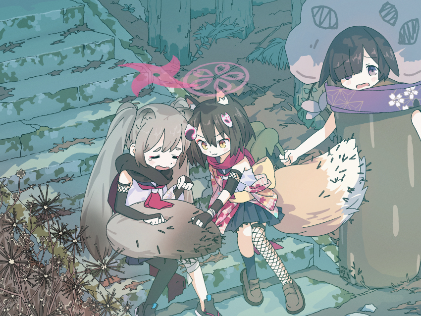 3girls absurdres animal_ear_fluff animal_ears bandaged_leg bandaged_wrist bandages black_scarf black_skirt blue_archive blush brown_hair burr closed_eyes closed_mouth crying dirt dress elbow_gloves eyeshadow fake_animal_ears fang fingerless_gloves fishnet_pantyhose fishnet_thighhighs fishnets fox_ears fox_girl fox_hair_ornament fox_mask fox_tail gloves grass grey_hair hair_between_eyes hair_ornament hair_over_one_eye halo highres holding holding_leaf izuna_(blue_archive) japanese_clothes kimono leaf loafers long_hair looking_at_viewer makeup mask michiru_(blue_archive) multiple_girls neckerchief ninja ninjutsu_research_club_(blue_archive) open_mouth outdoors panicking pantyhose partially_fingerless_gloves pink_eyeshadow pink_halo pink_neckerchief pink_scarf plant purple_eyes purple_neckerchief purple_scarf rabbit_girl raccoon_ears raccoon_girl raccoon_tail red_neckerchief red_scarf rock scarf school_uniform serafuku shimotsu. shirt shoes short_hair sidelocks single_sock single_tear sitting sitting_on_stairs skirt sneakers socks stairs stone_stairs tail tears thighhighs thorns tree tsukuyo_(blue_archive) twintails white_shirt yellow_eyes