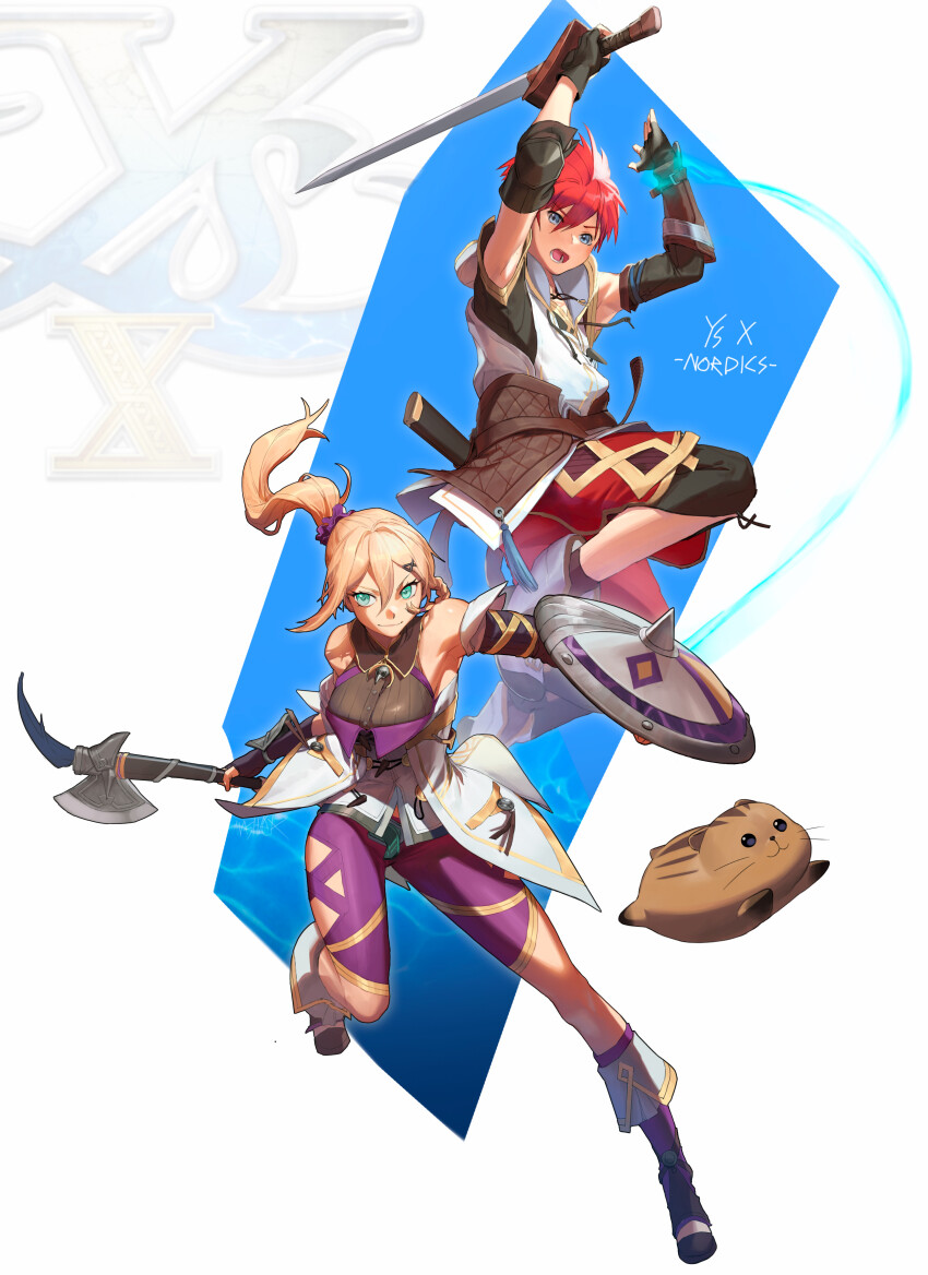 1boy 1girl absurdres adol_christin aqua_eyes axe bare_shoulders black_gloves blonde_hair blue_eyes braid copyright_name fighting_stance fingerless_gloves gloves hair_ornament hairclip high_ponytail highres holding holding_axe holding_shield holding_sword holding_weapon karja_balta mashack pikkard_(ys) ponytail red_hair shield short_hair sword weapon ys ys_x:_nordics