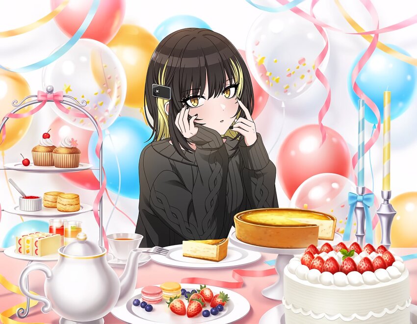 1girl balloon black_hair blonde_hair blueberry cake candle cherry cup food fork fruit idolmaster idolmaster_shiny_colors ikaruga_luca multicolored_hair nail_polish official_art plate solo star_(symbol) strawberry sweater table teacup teapot yellow_eyes