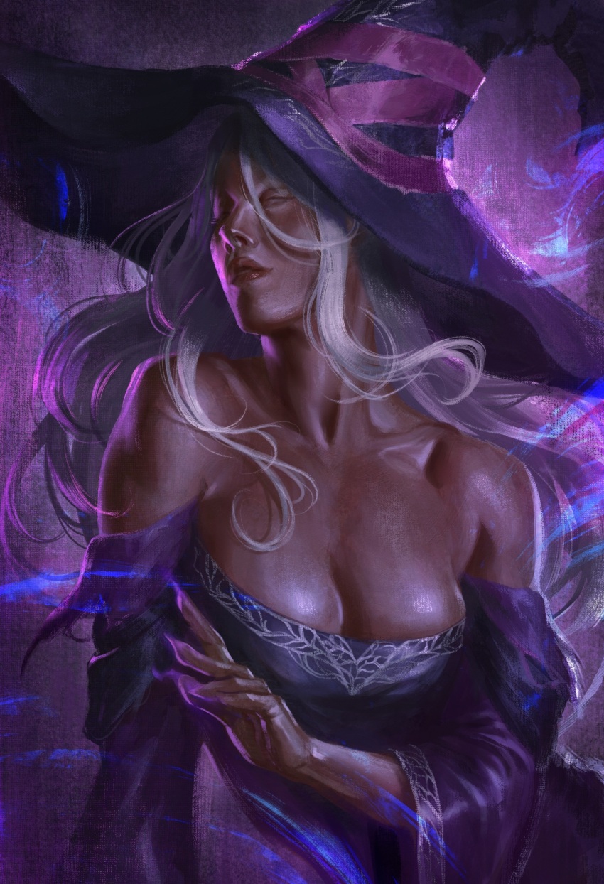 1girl bare_shoulders breasts caio_santos cleavage closed_eyes dark-skinned_female dark_skin dress elden_ring elden_ring_nightreign grey_hair hair_between_eyes hat highres large_breasts large_hat leaning_to_the_side lips long_hair off-shoulder_dress off_shoulder purple_dress purple_hat recluse_(elden_ring) solo upper_body wide_sleeves witch witch_hat