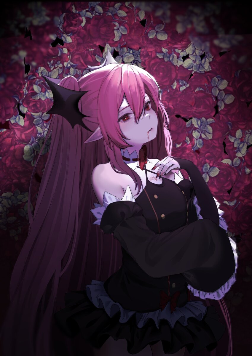 1girl absurdres black_dress blood commentary criss-cross_halter detached_collar detached_sleeves double-parted_bangs dress english_commentary frilled_dress frilled_sleeves frills hair_between_eyes hair_ornament halterneck highres immybisou krul_tepes long_hair looking_at_viewer owari_no_seraph pink_hair red_eyes red_ribbon ribbon single_sleeve_past_fingers single_sleeve_past_wrist solo very_long_hair