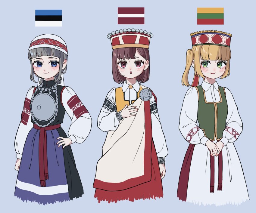 apron blonde_hair blue_eyes cowboy_shot double_bun estonia estonian_clothes estonian_flag green_eyes green_vest grey_background grey_hair hair_bun jewelry kuroussa latvia latvian_clothes latvian_flag lithuania lithuanian_clothes lithuanian_flag long_sleeves necklace original personification purple_eyes purple_hair side_ponytail vest waist_apron yellow_vest