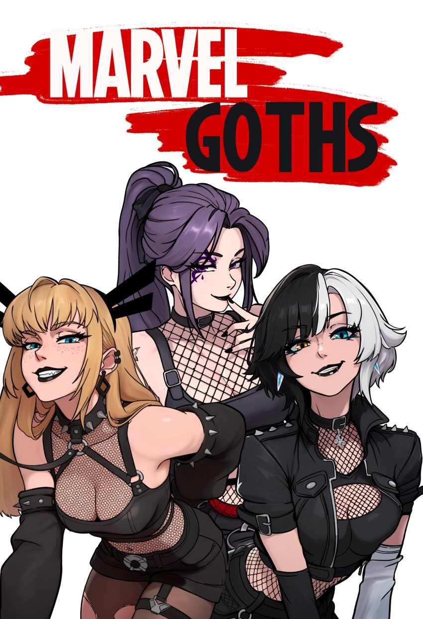 3girls absurdres alternate_costume black_hair black_jacket black_lips black_shorts black_sleeves blonde_hair blue_eyes breasts brown_eyes detached_sleeves english_text fishnet_top fishnets goth_fashion hair_ornament heterochromia highres jacket large_breasts long_hair looking_at_viewer luna_snow magik_(x-men) marvel marvel_rivals multicolored_hair multiple_girls open_clothes open_jacket ponytail psylocke purple_eyes purple_hair redpostit short_shorts short_sleeves shorts split-color_hair two-tone_hair white_hair x-men