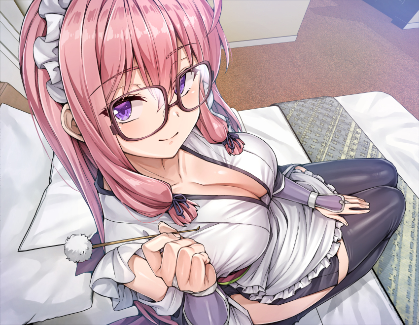 1girl absurdres ahoge apron arm_guards asmr bed black_thighhighs breasts brown-framed_eyewear clothing_cutout collarbone copyright_name from_above glasses hair_ribbon highres ideura_shizuri_(neet_kunoichi) indoors koyuki_(kotatsu358) large_breasts long_hair looking_at_viewer maid maid_apron maid_headdress mimikaki neet_de_otaku_na_kunoichi_to_naze_ka_dousei_hajimemashita official_art on_bed pillow pink_hair purple_eyes purple_ribbon ribbon side_cutout sitting smile solo thighhighs very_long_hair