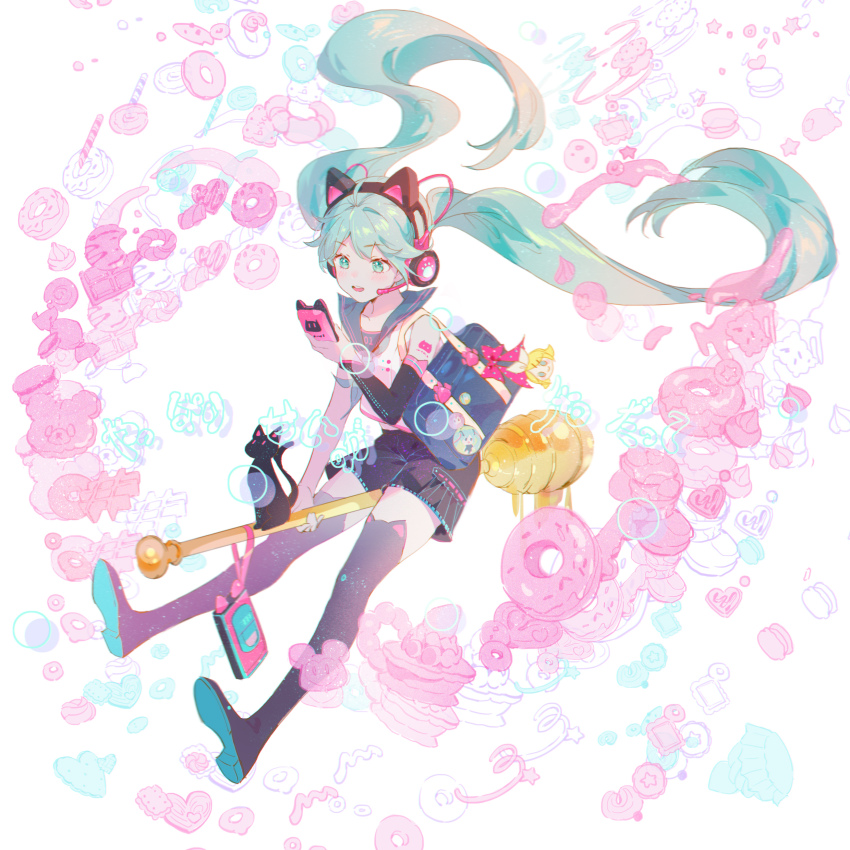 1girl absurdres alternate_costume animal_ear_headphones animal_ears bag balabling black_boots black_cat black_shorts black_sleeves boots broom broom_riding cat cat_ear_headphones charm_(object) chromatic_aberration commentary_request detached_sleeves fake_animal_ears food full_body hatsune_miku headphones headset highres holding holding_phone honey_dipper light_smile looking_at_phone motion_blur open_mouth phone sailor_collar shirt shorts shoulder_bag sitting sleeveless sleeveless_shirt solo thigh_boots twintails unconventional_broom vocaloid white_shirt wind