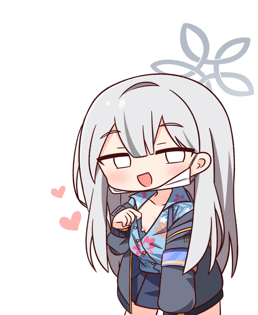 1girl :d blank_eyes blue_archive blue_shirt blue_skirt blush chibi collarbone collared_shirt dress_shirt grey_hair grey_jacket hair_between_eyes halo hana_kazari hand_up hawaiian_shirt heart highres jacket konoka_(blue_archive) long_sleeves looking_at_viewer mask mask_pull mouth_mask nipples open_clothes open_jacket open_mouth pleated_skirt puffy_long_sleeves puffy_sleeves shirt simple_background skirt smile solo standing surgical_mask white_background