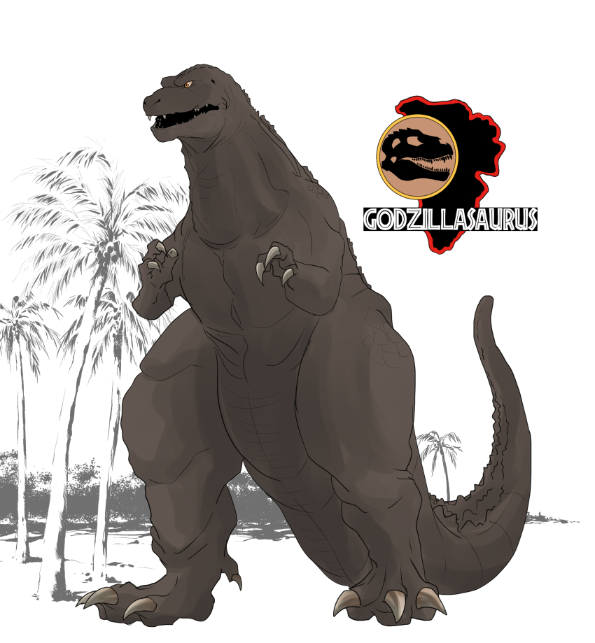 amblin_entertainment beach character_name claws dinosaur godzilla godzilla_(series) godzilla_vs._king_ghidorah godzillasaurus highres ibuki_(tulta_icon) island jurassic_park jurassic_world kaiju kyoryu map orange_eyes palm_tree sharp_teeth skull tail teeth toho tree universal_studios usla_nublar