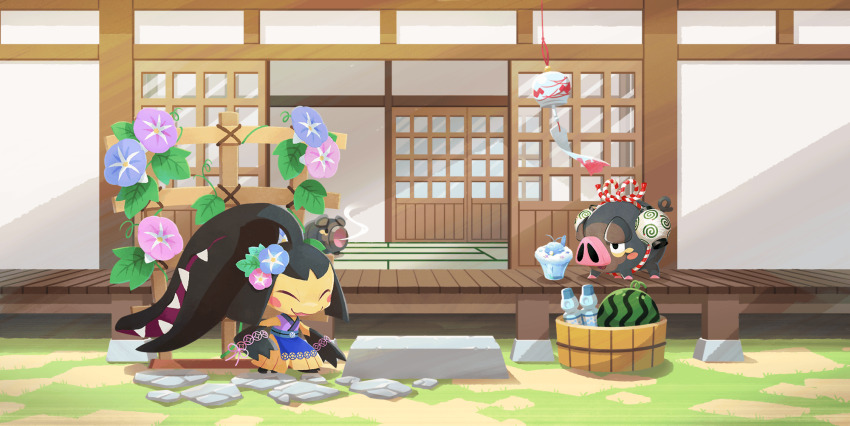 artist_request blue_flower blush blush_stickers chimecho closed_eyes closed_mouth clothed_pokemon flower food fruit full_body gen_3_pokemon highres lechonk lechonk_(summer_fun) mawile mawile_(start_of_summer) nintendo no_humans official_art pink_flower pokemon pokemon_(creature) pokemon_cafe_remix pokemon_focus sharp_teeth smile swablu teeth third-party_source watermelon