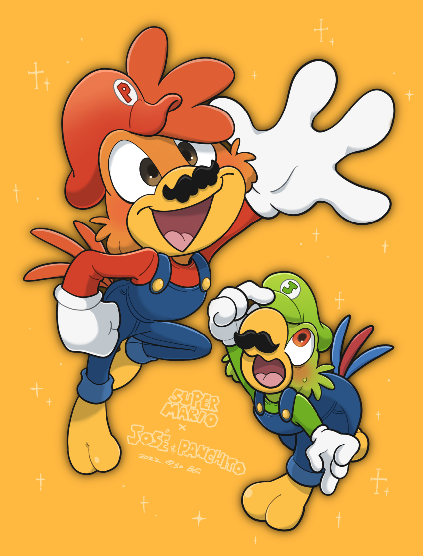 absurdres bg_0862 cosplay gloves hat highres humanization jose_carioca long_sleeves looking_at_viewer luigi luigi_(cosplay) male_focus mario mario_(cosplay) mario_(series) mickey_mouse_&amp;_friends multiple_boys nintendo open_mouth panchito_pistoles personification shirt simple_background smile the_three_caballeros white_gloves