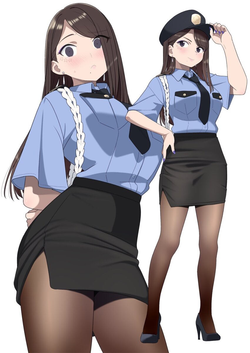 1girl black_eyes black_hat black_necktie black_shoes black_skirt blue_shirt breast_pocket breasts brown_pantyhose closed_mouth contrapposto cowboy_shot from_below full_body hand_on_own_hip hand_up hat high_heels highres kuro_(toi_et_moi) large_breasts multiple_views necktie original pantyhose peaked_cap pencil_skirt pocket police police_uniform policewoman shirt shoes simple_background skirt smile standing swept_bangs white_background