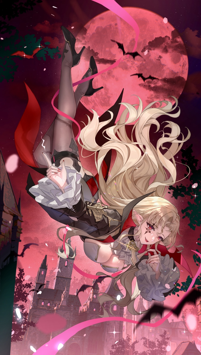 1girl absurdres architecture ascot bat_(animal) black_coat black_collar black_thighhighs blonde_hair breasts building cleavage cloud coat collar commentary dress facial_mark falling_petals fang floating_hair full_body full_moon glint gold_trim hair_between_eyes high_heels highres lamia_(silver_and_blood) large_breasts lens_flare long_hair long_sleeves looking_ahead midair moon moonlight nail_polish night night_sky open_mouth outdoors petals pointy_ears red_eyes red_moon red_nails red_sky silver_and_blood sky smile solo sparkle star_(sky) thighhighs thighs tree two-sided_coat two-sided_fabric upside-down vampire very_long_hair white_ascot yolanda