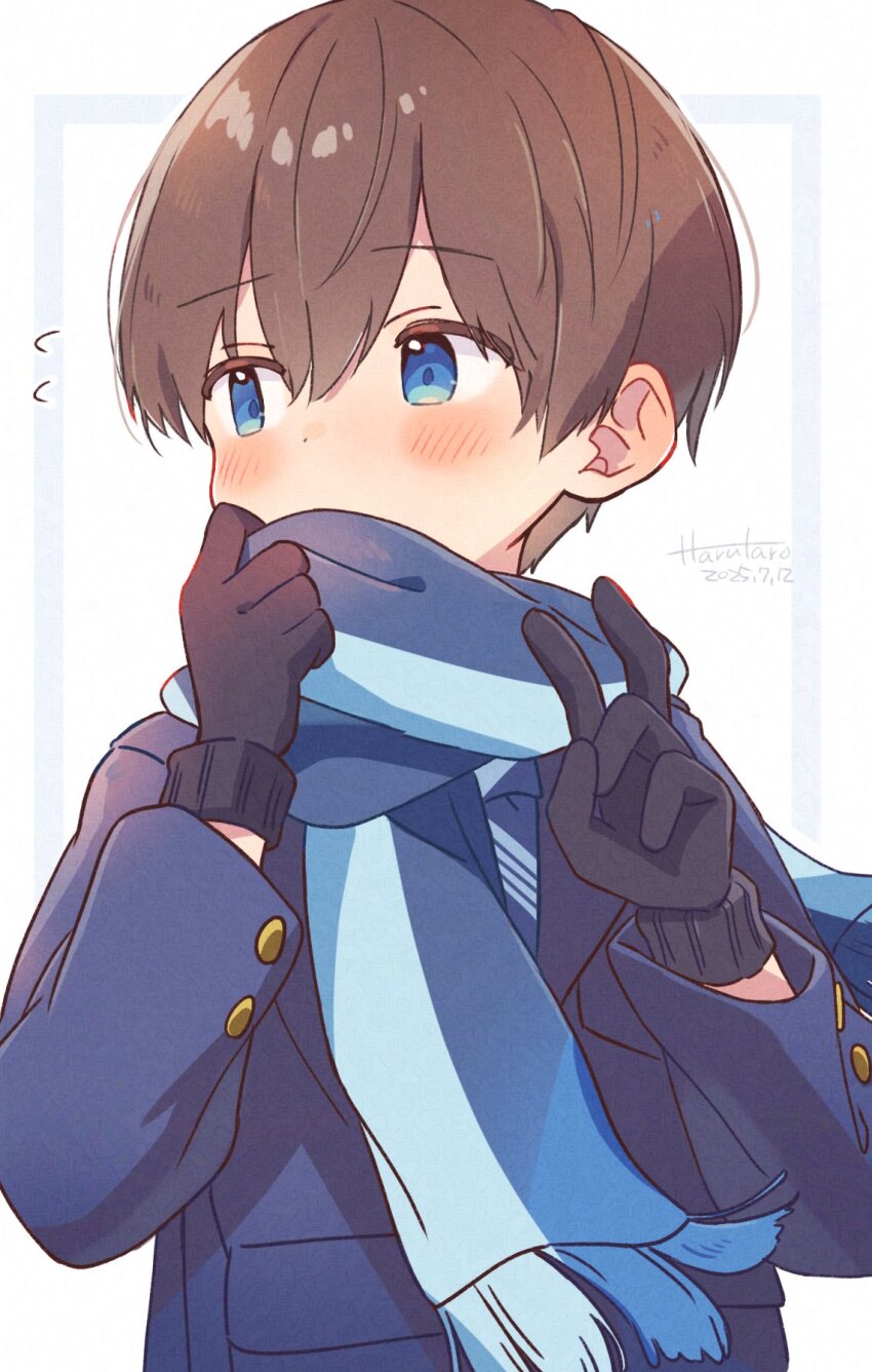 1boy arm_up arms_up artist_name black_gloves blue_eyes blue_jacket blue_scarf blush brown_hair covering_own_mouth dated double-parted_bangs far_tarooo flying_sweatdrops gloves hair_between_eyes highres jacket looking_to_the_side male_focus original scarf sideways_glance solo upper_body v