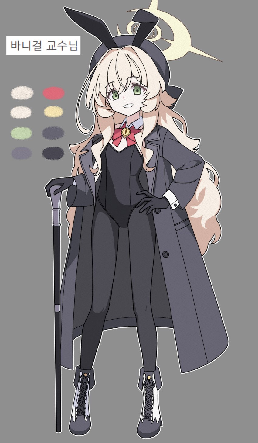 1girl absurdres alternate_costume animal_ear_hairband animal_ears black_gloves black_hairband black_hat black_jacket black_leotard black_pantyhose blonde_hair blue_archive boots bow bowtie cane detached_collar fake_animal_ears gloves green_eyes grin hairband hand_on_own_hip hat highres holding holding_cane jacket leotard long_hair looking_at_viewer pantyhose professor_niyaniya_(blue_archive) rabbit_ear_hairband rabbit_ears red_bow red_bowtie sidelocks smile vector_(dmlddmld00) very_long_hair white_boots