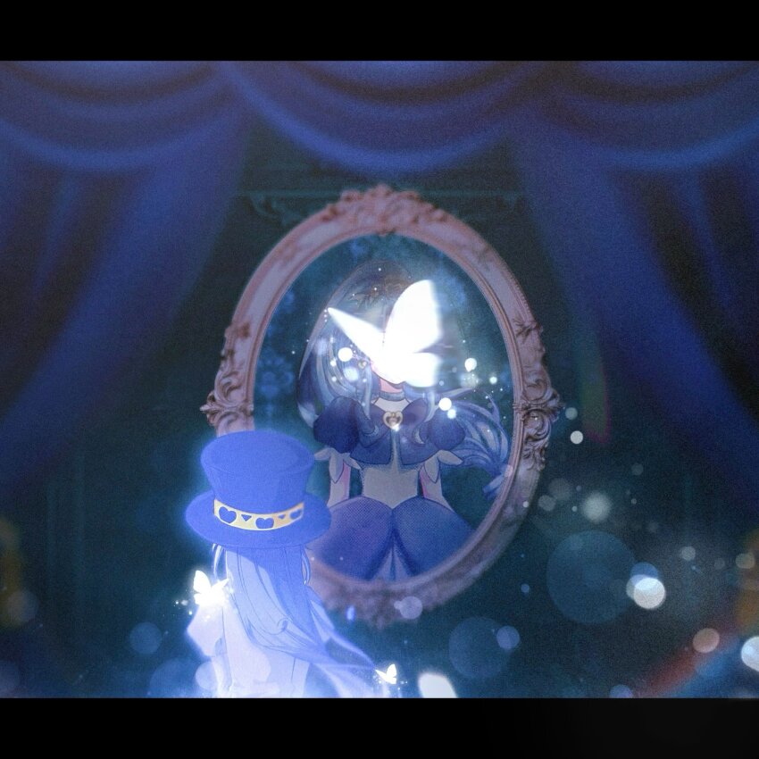 1girl aoi_rika284 black_border blue_bow blue_bowtie blue_choker blue_dress blue_hair blue_hat blue_shirt border bow bowtie brooch bug butterfly choker commentary commentary_request covered_face curtains different_reflection dress english_commentary frilled_sleeves frills fushigiboshi_no_futago_hime gold_tiara gown hat heart heart_print high_ponytail highres insect jewelry juliet_sleeves letterboxed light_particles long_hair long_sleeves magical_girl mirror mixed-language_commentary picture_frame ponytail princess puffy_short_sleeves puffy_sleeves reflection rein_(futagohime) rein_(prominence_dress_up)_(futagohime) second-party_source shirt short_sleeves solo top_hat very_long_hair vietnamese_commentary white_background white_butterfly