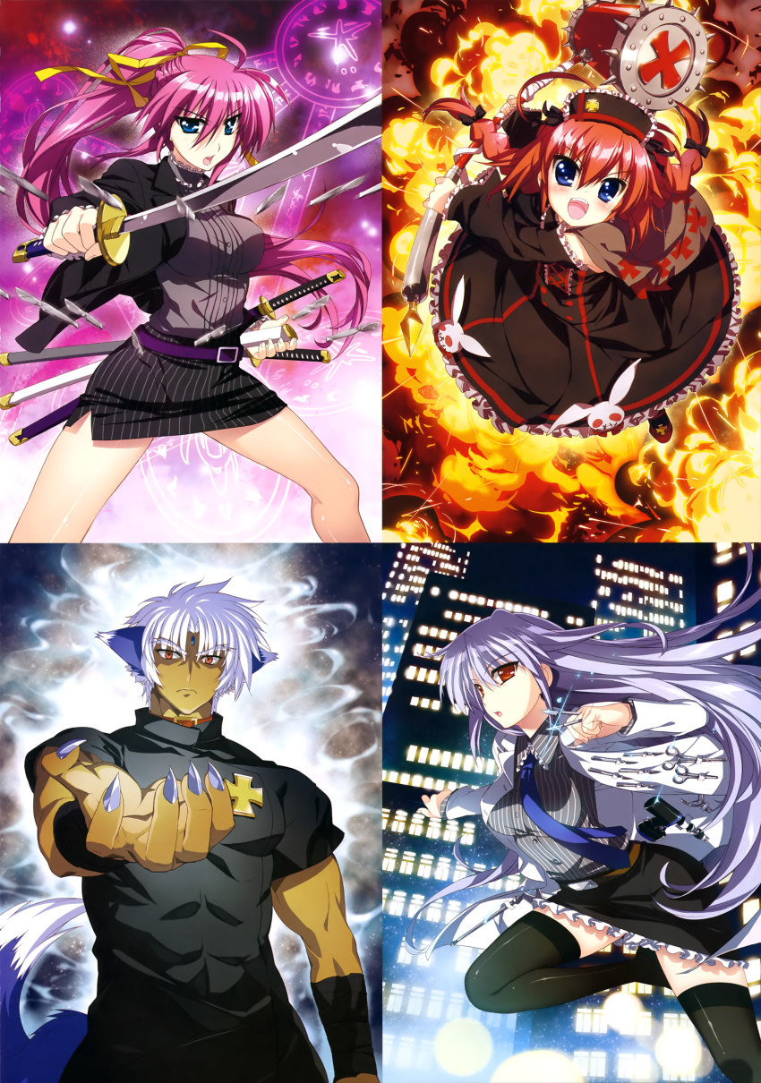 1boy 3girls absurdres ahoge animal_ears belt black_bow black_legwear black_skirt blue_eyes blue_necktie bow braid choker dog_ears dog_tail dress eyebrows fujima_takuya grey_nails hair_between_eyes hair_bow hair_ribbon hammer high_ponytail highres holding holding_sword holding_weapon katana long_hair lyrical_nanoha mahou_shoujo_lyrical_nanoha mahou_shoujo_lyrical_nanoha_a&#039;s multiple_girls nail_polish necktie open_mouth orange_eyes pink_hair ponytail red_eyes red_hair reinforce ribbon scissors sheath sheathed shiny_skin signum silver_hair skirt sword tail thighhighs twin_braids unsheathed very_long_hair vita_(nanoha) weapon yellow_ribbon zafira zettai_ryouiki