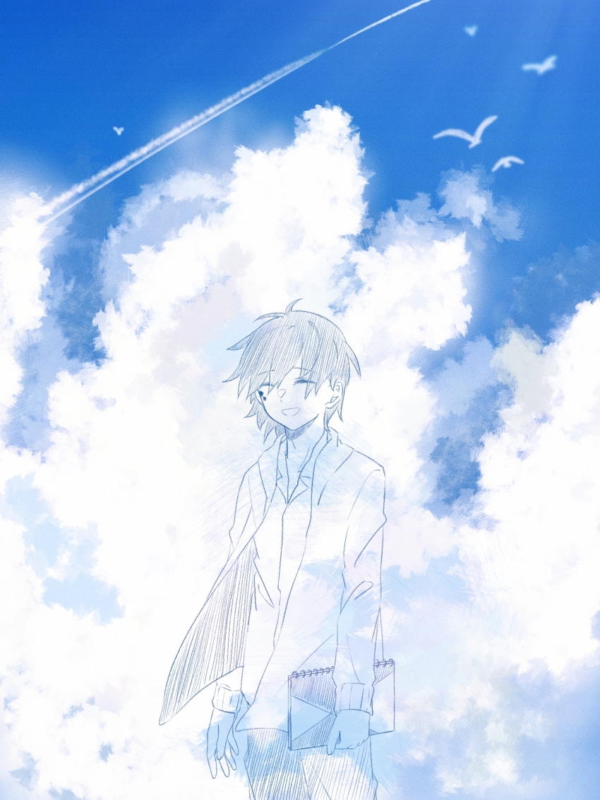 1boy blue_sky cloud cloud_focus collared_shirt commentary_request contrail cowboy_shot dated_commentary day eyes_visible_through_hair facial_mark facing_viewer hair_between_eyes hatching_(texture) highres holding holding_sketchbook jacket kagerou_project kokonose_haruka koyon limited_palette linear_hatching long_sleeves male_focus open_clothes open_collar open_jacket open_mouth outdoors pants partial_commentary shirt short_hair simple_bird sketchbook sky smile solo