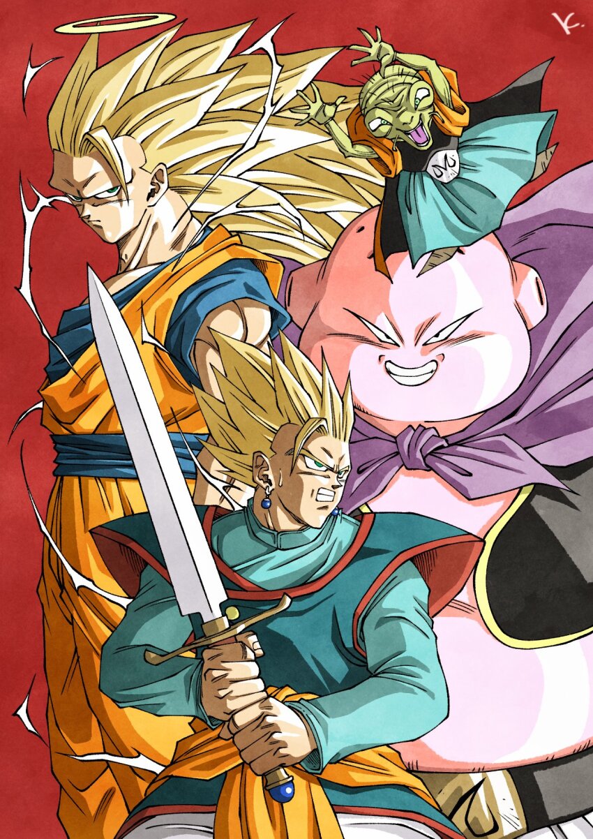 4boys babidi black_vest blonde_hair blue_shirt cape colored_skin cowboy_shot dougi dragon_ball dragonball_z fat_buu halo highres kakeru_(dbskakeru) majin_buu multiple_boys orange_pants orange_shirt pants pink_skin purple_cape red_background shirt simple_background son_gohan son_goku spiked_hair super_saiyan super_saiyan_3 vest