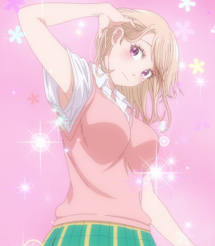 anime_screenshot arm_up armpit_peek armpits blonde_hair blush breasts cardigan green_skirt hair_behind_ear highres kawai_mona kuroiwa_medaka_ni_watashi_no_kawaii_ga_tsuujinai large_breasts miniskirt pink_cardigan plaid_clothes plaid_skirt purple_eyes school_uniform skirt sparkle stitched third-party_edit