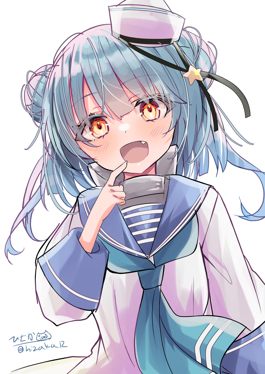 1girl absurdres aqua_neckerchief black_ribbon blue_hair blue_sailor_collar dixie_cup_hat double_bun fang hair_bun hat hat_ribbon highres hizaka kantai_collection military_hat navy_cross neckerchief one-hour_drawing_challenge red_eyes ribbon sailor_collar sailor_shirt samuel_b._roberts_(kancolle) samuel_b._roberts_mk_ii_(kancolle) school_uniform serafuku shirt simple_background sleeve_cuffs smile solo twintails upper_body whale white_background white_hat white_shirt