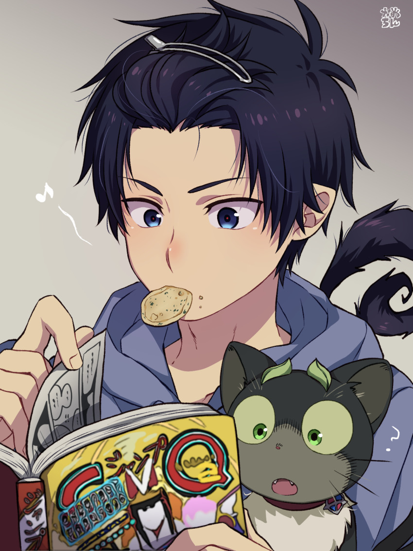 1boy ? ao_no_exorcist black_cat black_hair blue_eyes blue_hoodie book cat commentary_request crumbs eating food food_in_mouth food_on_face green_eyes grey_background hair_ornament hairclip highres holding holding_book hood hoodie horns kameron male_focus manga_(object) musical_note okumura_rin open_mouth pointy_ears reading short_hair tail turning_page upper_body