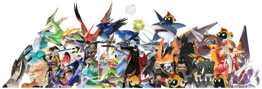 4boys 4girls absurdres aegislash aggron alolan_form alolan_sandslash arcanine arm_up armor au_ra aymeric_de_borel barraskewda bastiodon black_cape black_coat black_footwear black_gloves black_hair blastoise blaziken blonde_hair blunt_bangs boots cape carbink chainmail clawitzer cleavage_cutout closed_eyes clothing_cutout coat cobalion commentary corvisquire crossover dragon_horns eldegoss emboar emolga empoleon facial_hair falinks final_fantasy final_fantasy_xiv fur-trimmed_coat fur_trim gen_1_pokemon gen_3_pokemon gen_4_pokemon gen_5_pokemon gen_6_pokemon gen_7_pokemon gen_8_pokemon gloves grey_coat gun hair_ribbon helm helmet hien_rijin highres holding holding_gun holding_poke_ball holding_staff holding_sword holding_weapon horns hyur infernape kan-e-senna katana knee_boots lalafell leg_up legendary_pokemon lilligant lyse_hext medium_hair merlwyb_bloefhiswyn mienshao multiple_boys multiple_girls navel ninjask nintendo on_one_knee outstretched_arm over_shoulder pauldrons pink_scarf pipin_tarupin pointy_ears poke_ball pokemon pokemon_(creature) ponytail potion_lilac raubahn_aldynn rhyperior ribbon roegadyn samurai_(final_fantasy) sawsbuck sawsbuck_(spring) scales scarf seaking serperior sharpedo short_hair shoulder_armor simple_background single_bare_shoulder single_pauldron staff standing sword talonflame terrakion virizion weapon weapon_over_shoulder white_background white_gloves white_hair yugiri_mistwalker